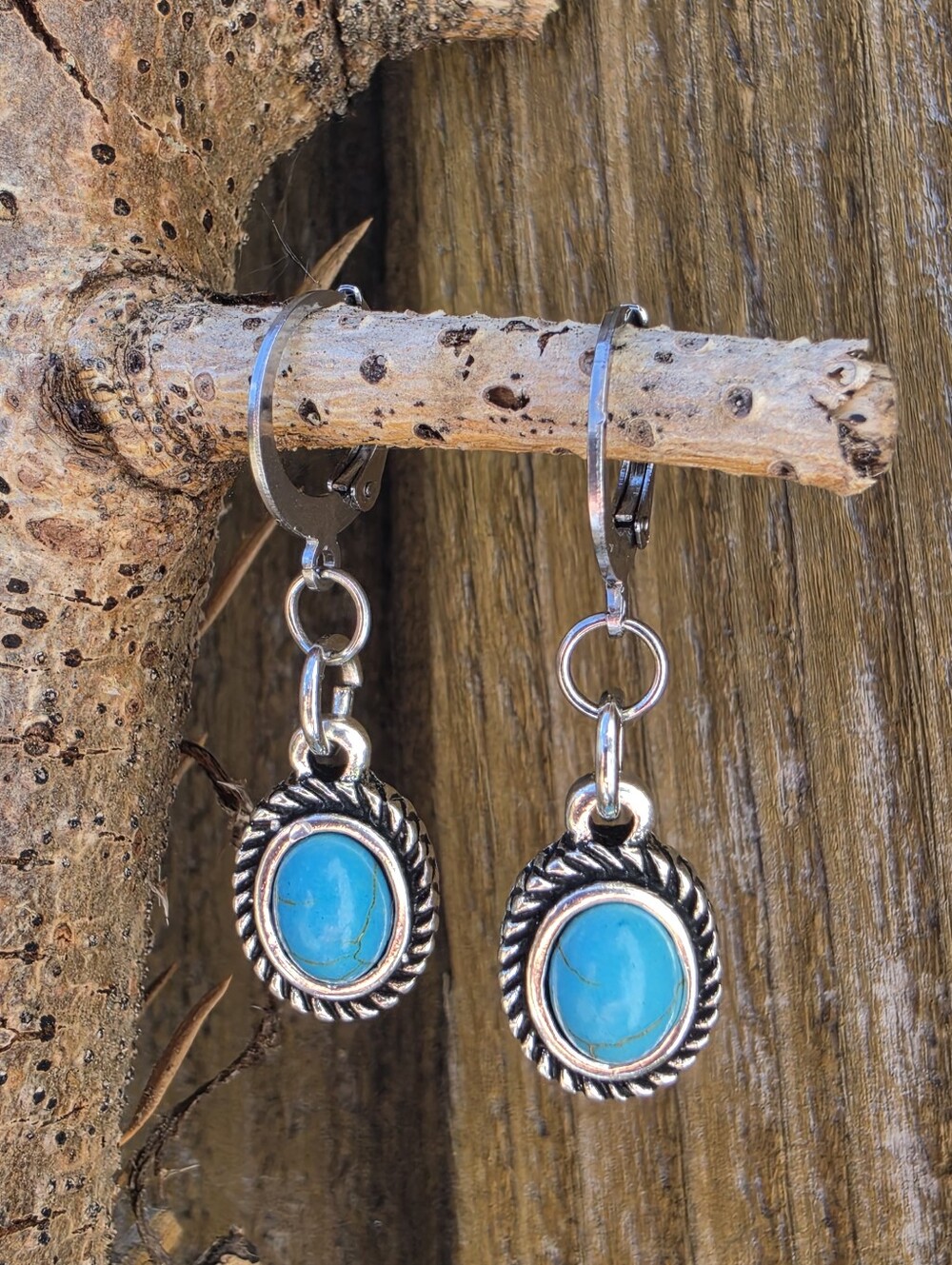 Turquoise Oval Dangle Earrings Stainless Steel Leverback Western Boho